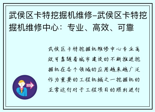 武侯区卡特挖掘机维修-武侯区卡特挖掘机维修中心：专业、高效、可靠