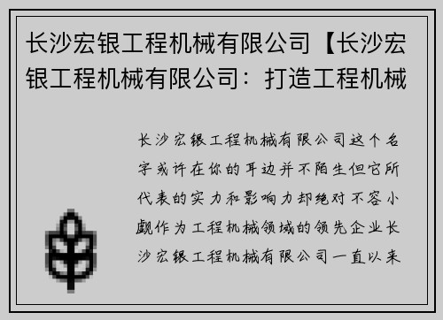 长沙宏银工程机械有限公司【长沙宏银工程机械有限公司：打造工程机械领域的领先企业】